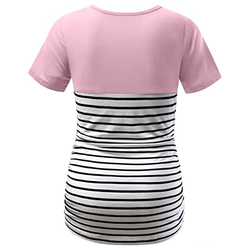 Debelly Women Maternity Tunic Short Sleeve Round Neck Shirt Color Block Pregnancy Striped Tops With Crochet Pockets,Dark Pink,M #TOP1