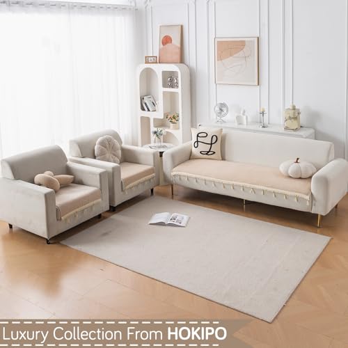 Image of HOKIPO 'Serenity Tassel' Chenille Sofa Cover 5 Seater Set with Tassels - Washable 3+1+1 Sofa Cover Mat | Ivory Fringe (IN-890 * 2 + IN-892 - BGE)