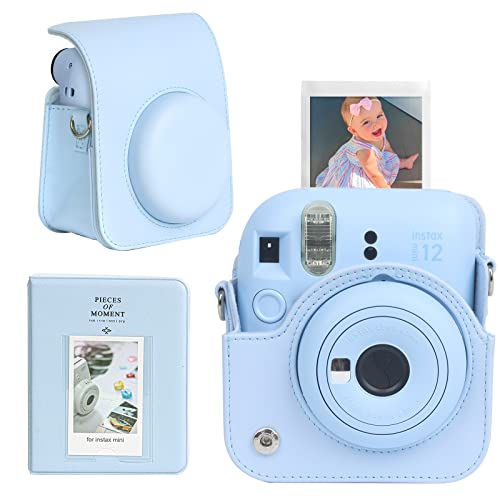Caiyoule Protective Camera Case For Instax Mini 12 Instant Camera Fuji Mini 12 Case Pu Leather Carrying Bag With Adjustable Shoulder Strap & 64 Pockets Photo Album - Pastel Blue #TOP7