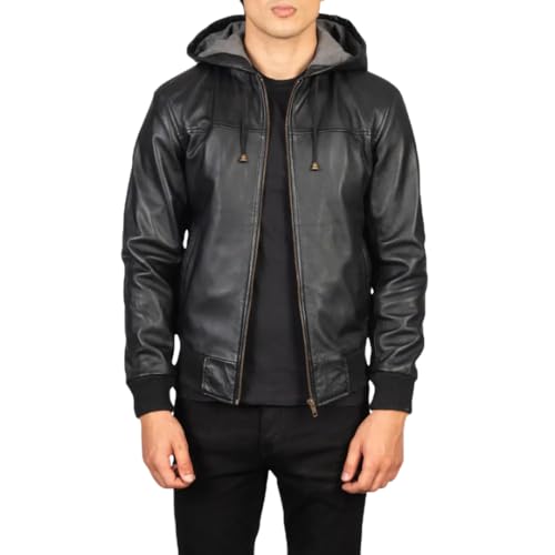 Premium Faux Leather Bomber Jacket, Black, Hooded Design with Gray Interior, Double Zipper Front, Ribbed Hem3