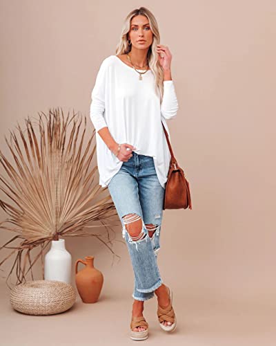 Poetsky Women's Oversized Boat Neck T-Shirt Tunic Tops Batwing Long Sleeve Blouse Shirts（M,White） #TOP3