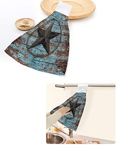 Zfuncing Hand Tie Towel Set Of 2,Farmhouse Rustic Western Texas Star Hanging Kitchen Towels With Loop,Absorbent Tea Bar Dish Towel Fast Drying Towels For Bathroom,Retro Teal And Brown Wood Grain #TOP5