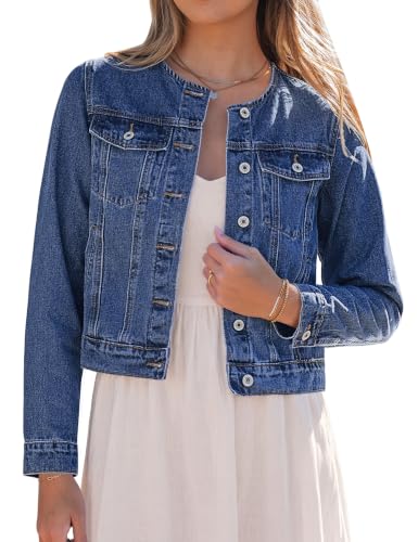 luvamia Jean Jacket Women Trendy Collarless Button Down Long Sleeve Casual Western Denim Jacket Country Concert Outfits