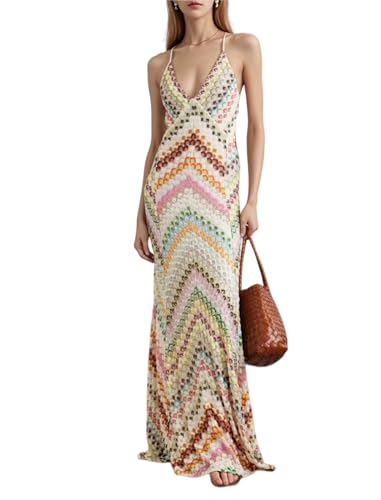 platlogy Women Chic Halter Neck Maxi Dress Chevron Print and