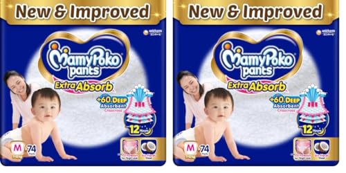 Image of MamyPoko Pants Extra Absorb Baby Diapers, Medium (M), 74 Count, 7-12kg (Pack of 2)