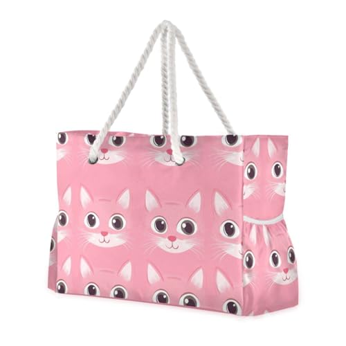 Cats Face Baby Peach Sturdy Tote Bag Portable with side pocketes Bag With Zipper for beach&school&work