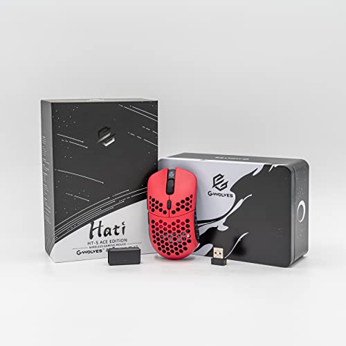 G-Wolves Hati Hts (Small) Ace Wireless Gaming Mouse - Paw3370 Sensor - 50 To 19,000 Cpi - 54±2Gram(1.8 Oz) - Ttc Golden Color Encoder - Ultra Lightweight Honeycomb Design (Red) #TOP6