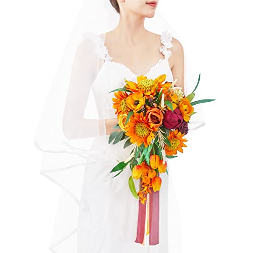Tinge Time 11 Inch Artificial Bridal Bouquet, Wedding Bride Bridesmaid Tossing Bouquets Flower For Wedding Anniversary Bridal Shower And Home Party Decoration (Sunflower & Fuchsia) #TOP27