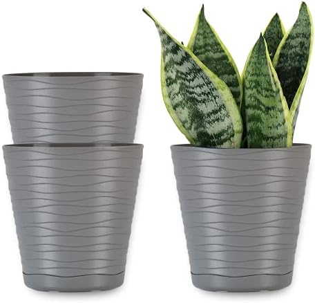 ORTEN Plant Pot Plastic Flower Pot with Saucer and Drainage Holes for All House Plants, Herbs, Cactus, Orchid, Succulents SET of 3 (Ø 13cm (5.11 in), White)