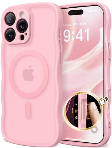 CAPRARO for iPhone 16 Pro Case for Women Girls, Upgraded [Full Camera Protection] [Compatible with MagSafe] Cute Wave Translucent Matte Phone Case for iPhone 16 Pro, Peach Pink