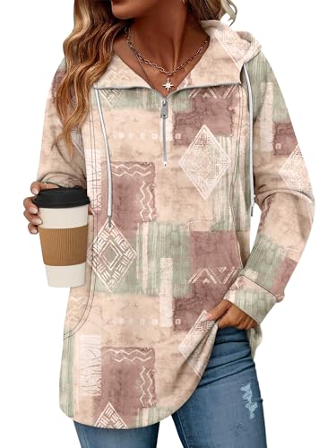 onlypuff Women Hoodie Pullover Trendy Quarter Zipper Lapel Sweatshirts Drawstring Cute Hooded Tunic Tops with Side Pockets