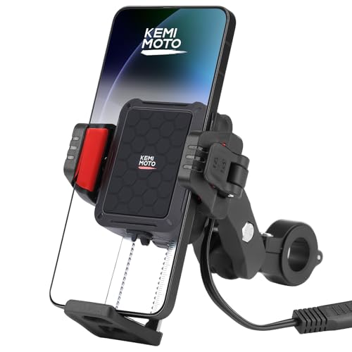 KEMIMOTO Anti-Theft Motorcycle Phone Mount with Qi 15W Wireless Charger & 33W PD/USB-C Fast Charging Port Anti-Vibration Dampener One-Hand Operation 360 Adjustable for 5.4-7.2 Cellphone