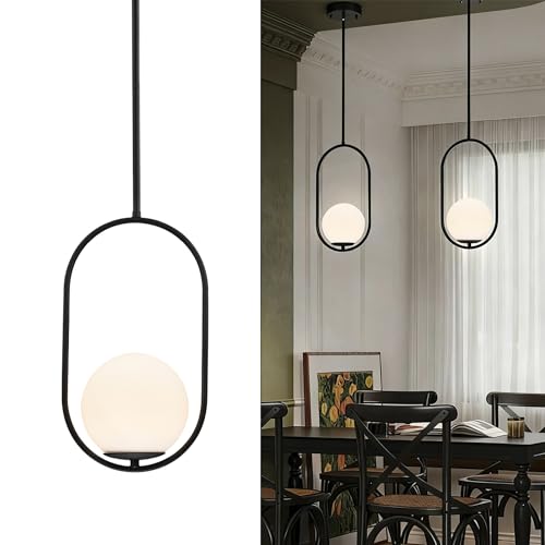 Alighting Milchglas Pendelleuchte Schwarz &Oslash;15cm H&ouml;henverstellbare Pendelleuchte mit Glaskugel f&uuml;r Esstisch K&uuml;che Treppenhaus Schlafzimmer, E14(keine Gl&uuml;hbirnen)