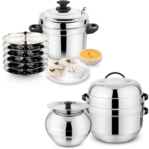 Prabha 6 Plate Idli Makers & Thermal Rice Cooker 1.5 kg | Fast Heat Cook N Serve Delight Cooker Stainless Steel Rice & Noodles Cookers | Steamer idly Maker Cookware Serving Pot Choodarapetty Pot & Rubber Gasket
