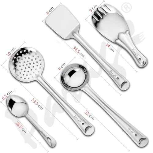 Image of Stainless Steel Kitchen Tools Set (5 Pieces) | Ladle, Skimmer, Turner Spatula, Basting Spoon & Rice Spoon for Cooking