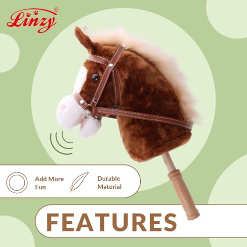 Image of Linzy Toys 35.5 inch Plush Stick Horse - Funny Hobby Horse with Pony Sound, Soft Realistic Mane & Durable Leather Reins, Pretend Play Riding Toy for Boys & Girls Ages 3+ (Brown)