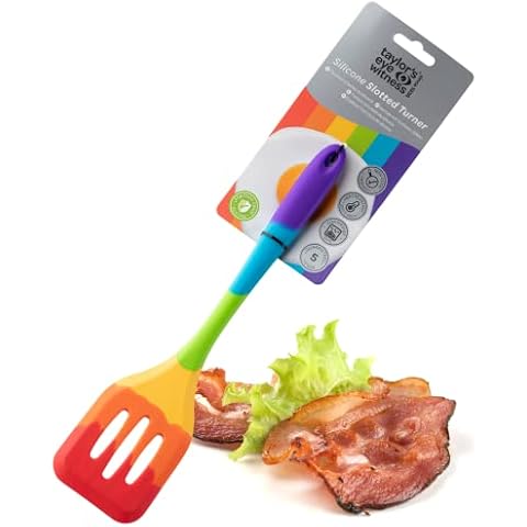 Taylors Eye Witness Large Silicone Rainbow Slotted Spatula - Dishwasher Safe. Perfect for Non-Stick Frying Pans. Slotted for Drainage. Odour, Stain & Heat Resistant (260°C/500°F). 5 Year Guarantee Cover