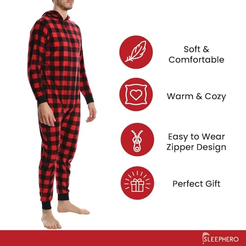 SLEEPHERO Men&rsquo;s Fleece Onesie &ndash; Full Zip Hooded Union Suit &ndash; Soft Adult One-Piece Year-Round Lounge Set Red Plaid Buffalo Check Large