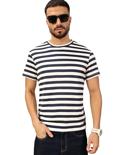 Image of Thomas Scott Men's | Striped | Half Sleeve | Regular Fit | Poly Elastane | Round Neck | Casual Tshirt