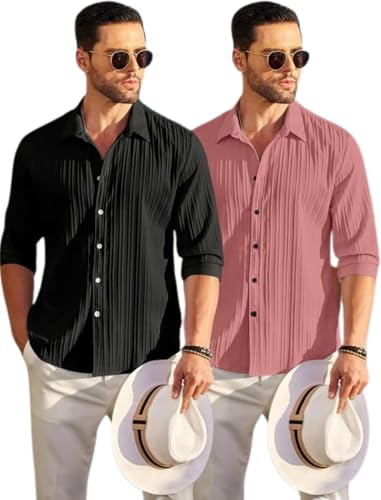 Image of FINIVO FASHION Combo of Men's Casual Cotton Plain Button Down Shirt Long Sleeve Textured Summer Beach Shirt for Men Pack of 4
