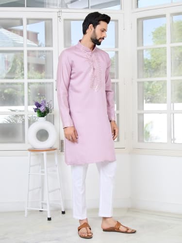Image of See Designs Men's Full Sleeve Mandarin Collar Sequins Embroidered Chanderi Straight Long Kurta with Yoke Design - Festive Collection
