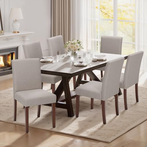 Upholstered Parsons Dining Chairs Set of 6, Modern Dining Room Chairs with Back, Fabric Kitchen Side Chairs with Wood Legs for Dinner Farmhouse Restaurant, Brown