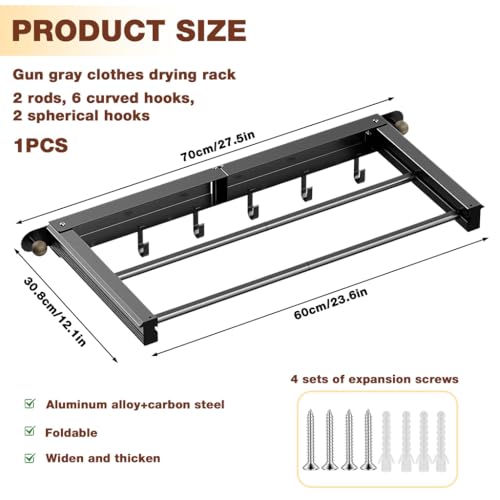 Image of HASTHIP Folding Clothes Drying Stand Wall Mounted - 30.8x70cm Dual Row Foldable Clothes Drying Rack with 6 Hooks Cloth Stands for Dry Cloth Foldable Hanger Suitable for Bathroom or Balcony Use