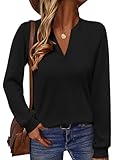 TICTICMIMI Women's V Neck Tops Long Sleeve Henley Shirts Casual Tunic Blouse Black