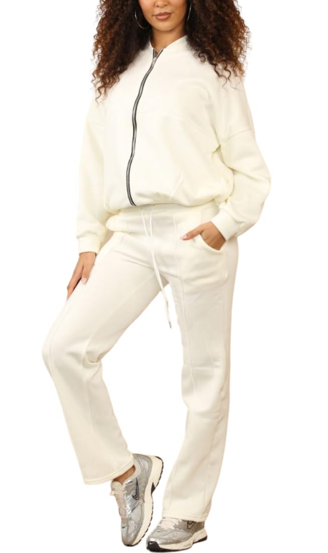 FAIRY TRENDZ Womens Fleece Loungewear Bomber Zipper Jacket Tracksuit Ladies Long Sleeve 2piece Lightweight Tops And Trouser Set