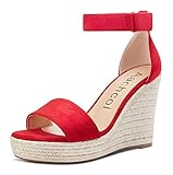 Aachcol Women Wedge Sandals Ankle Strap Platform Open Toe High Heel Classic Cute Dress Shoes 4 Inch Red Suede 8 M US