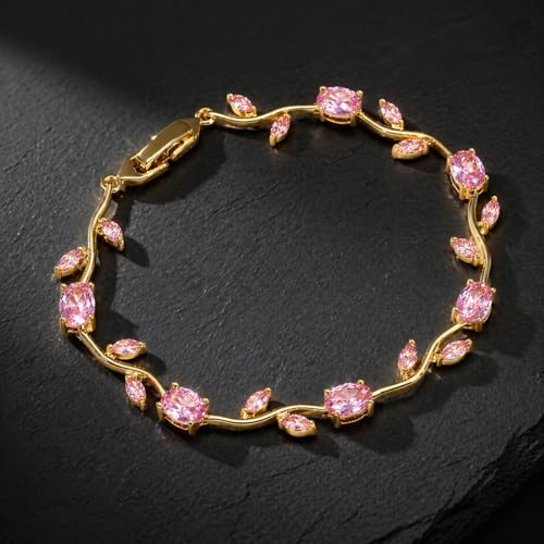 Image of Amaal Bracelets for Women Stylish Gold Plated Tulip American Diamond CZ Stone Bracelet with Leaf Design, Adjustable Link Chain, Anti Tarnish Stainless Steel Jewellery for women Girls Gifts 487