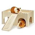 JWShang Large Wooden Guinea Pig House, Guinea Pig Hideout Hut with Cave Stairs, Detachable Guinea Pig Castle with Ramp, Small Animal House Habitat 4 Entrances for Rat Hamster Hedgehog Hiding Playing