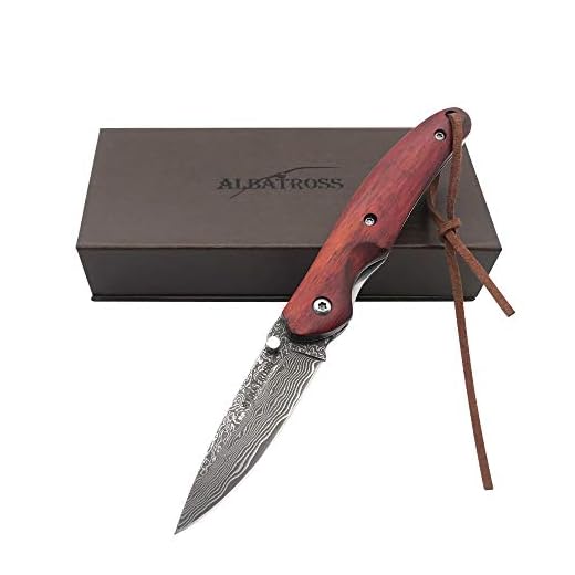 ALBATROSS HGDK004 Awesome EDC Damascus Pocket Folding Knife Lanyard, Rosewood Handle, Gifts/Collections
