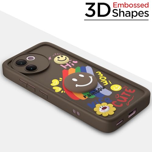 Image of Pikkme Back Cover for Vivo V30e 5G | Soft Silicone| Cute Rainbow Smile & 3D Cartoon Flower Design | Shockproof Raised Camera Protection Bumper Case (Brown)