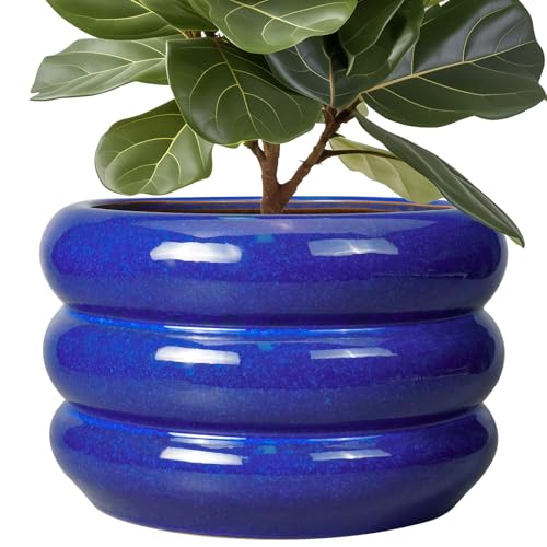SQOWL Ceramic Plant Pot 13.5 Inch - Large Planter for Outdoor Plants Round Indoor Flower Pot with Drainage Hole Decorative Planter Modern Home Decor Blue