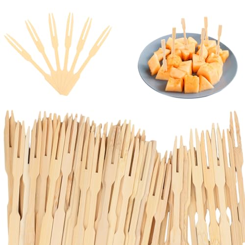 160 Stück Holzgabeln, Bambusgabeln, Einweg Fruchtgabeln, Mini Cocktailgabeln, Fingerfood Holz Bambus Picker, Obstspieße mit zwei Zinken, Holzbesteck Partybesteck für Party Geburtstag Picknick Camping