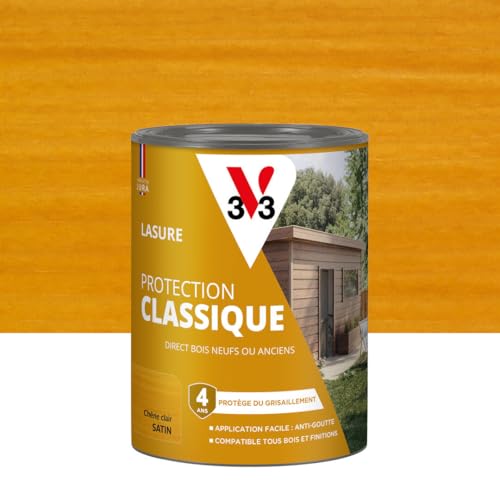 V33 Lasure Bois extérieur Chêne clair - Protection Classique 4 ans - Protège du grisaillement - Direct bois neufs ou anciens - Texture anti-goutte - 0,75L