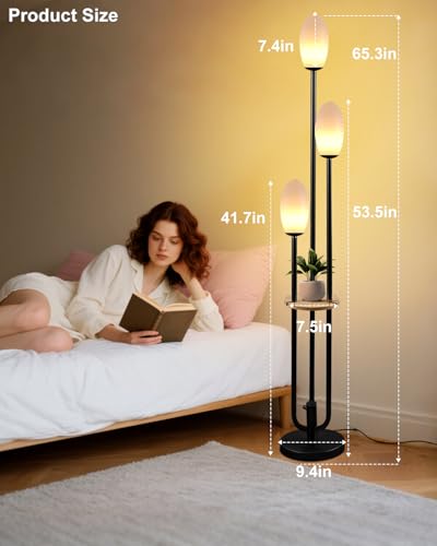 Image of Black Dimmable Floor Lamp with Table, Unique Tall Standing Lamps with 3000K G9 Bulbs for Reading, Mid Century Modern Floor Lamp with 5Lbs Heavy Base for Living Room Bedroom Office