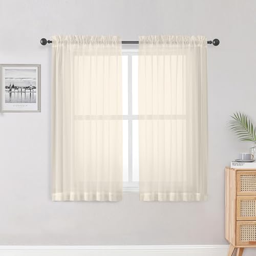 Image of OWENIE Sheer Cream Curtains 84 Inch Length 2 Panels Set for Living Room Bedroom, Rod Pocket Voile Sheer Panel Drapes, Cream, 2pcs, Each 42 inch W x 48 inch L