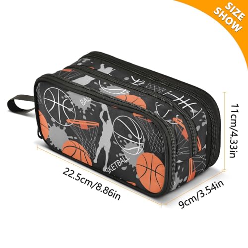Image of Pencil Case Big Capacity Basketball Sport Handheld 3 Compartments Pencil Pouch Portable Large Storage Canvas Pencil Bag for Boys Girls Adults Students
