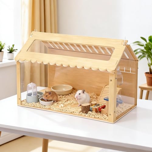 YUZINO Wooden Hamster Cage, 60 * 32 * 38CM Hamster Habitat with Ventilation Holes, Transparent Small Animals Cage with Acrylic Window & Openable Top For Dwarf Syrian Hamster, Gerbil(No ornaments)