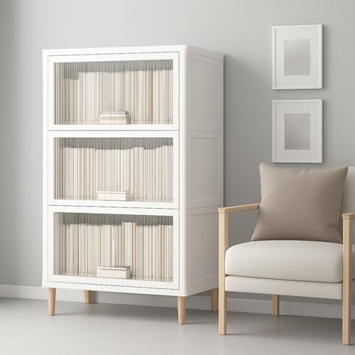 Image of 3 Pack Plastic Cupboard for Storage, Multipurpose Stackable Cabinet Drawer, Foldable Wardrobe Organizer for Clothes, Kitchen Storage Cabinet, Modular Almirah with Magnetic Doors, Wheels (Beige)