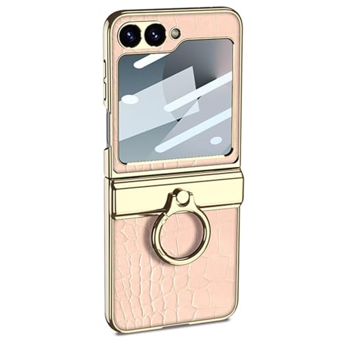 ENTRYX Leather Case for Samsung Galaxy Z Flip 6, Plating Crocodile Pattern Cover Screen Protection Magnetic Hinge with Ring Case Wireless Charging(Pink)