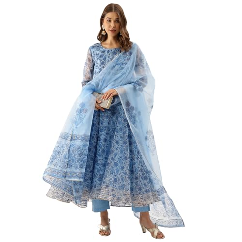 Image of Divena Blue Floral Print Organza Anarkali Kurta set with Dupatta