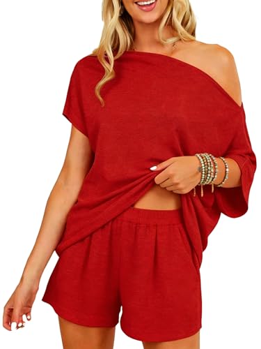 Dressmine Lounge Sets for Women Summer Pajama Set 2 Piece Red Fashion Outfits Vacation Shorts Comfy Stretchy Loungewear Size L