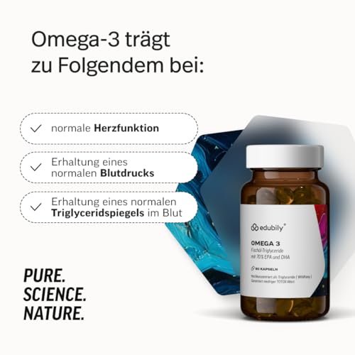 edubily® Omega-3 Fischölkapseln - 70% Omega 3-Gehalt - Kleine EPA DHA Kapseln in pharmazeutischer Qualität aus nachhaltigem Wildfang (90 Kapseln)