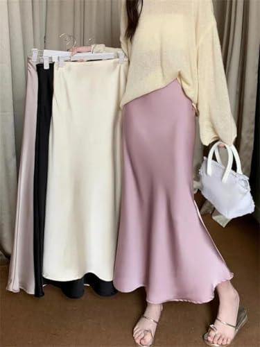 Women's Satin Silk A-Line Long Skirt High Waist Solid Fishtail Skirt4