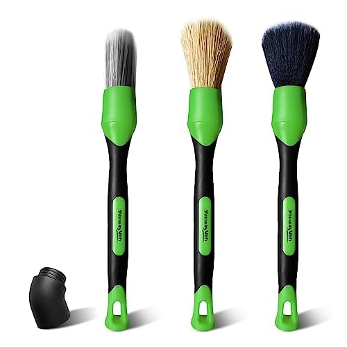 YeewayVeh Detailing Brush Set, 3 Pack Car Detailing Brushes for Dashboard Engine Bay Air Vents Leather Seat Wheel Vehicle Motorcycle Boars Hair Interior Detail Brush with Conversion Elbow, Green
