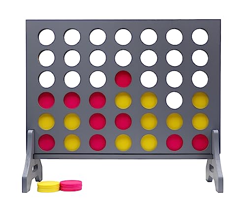 Image of Giant 4 in a Row Game for Family & Adults - Tailgating Pros Jumbo Grey Wooden Four in a Row Indoor & Outdoor Yard Game for Family Party Fun, Portable Activities for Patio, Backyard, and Camping