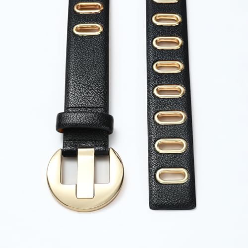 Womens Black Belt with Gold Buckle Grommet Casual Stylish Waist Belt for Pants and Dress3